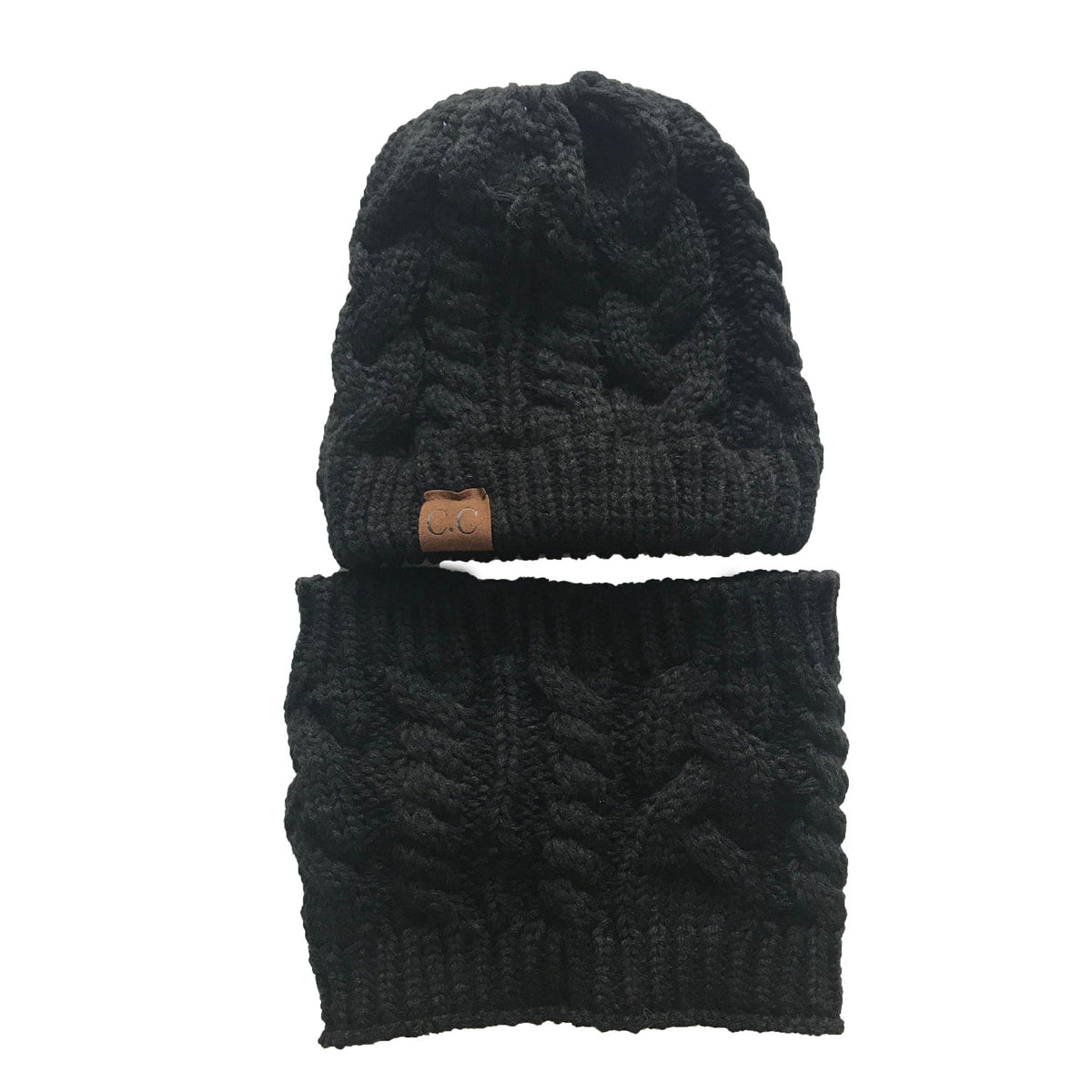 Women's knit hat and scarf set in neutral colors