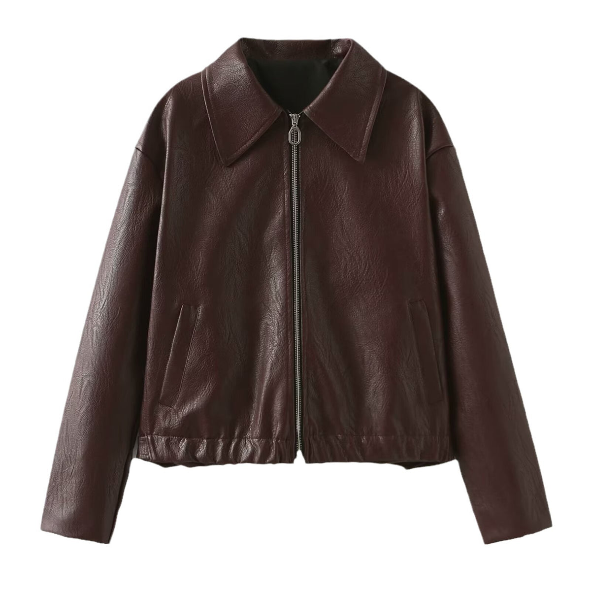 Women's burgundy faux leather zip jacket with lapel collar