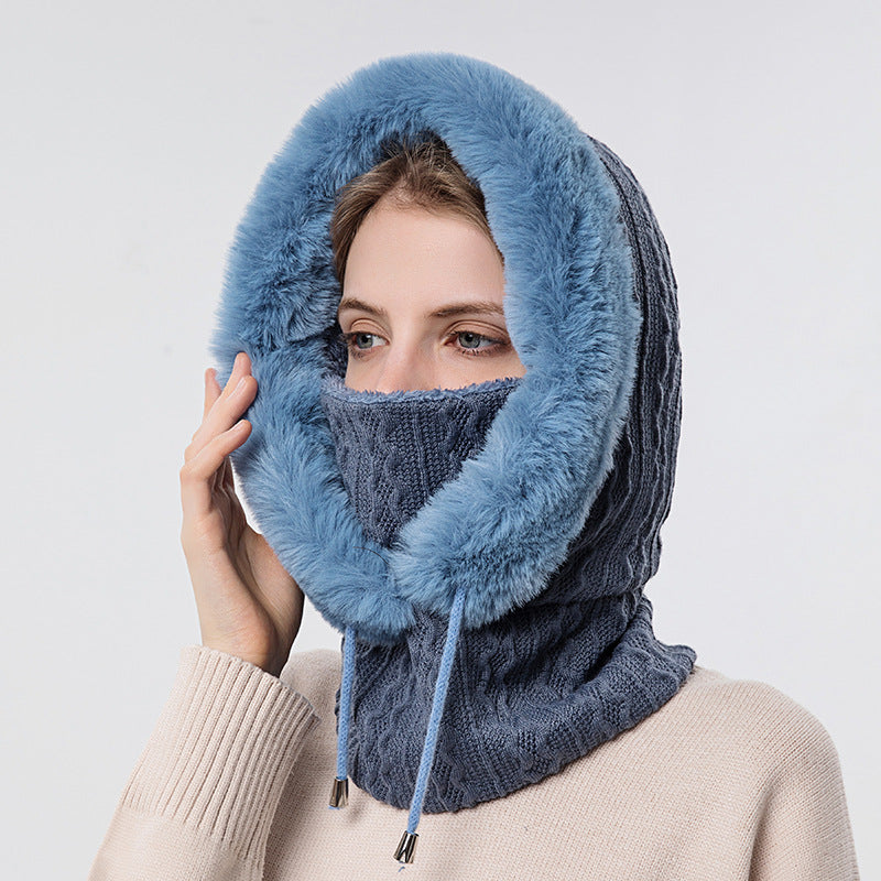 Women's hooded winter knit hat with scarf