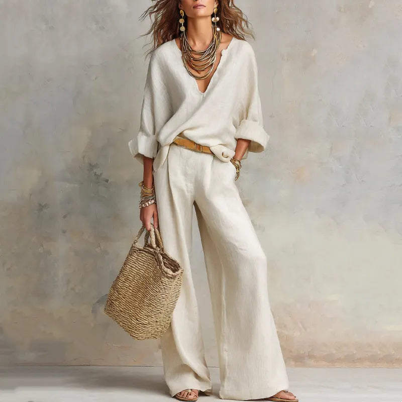 Woman wearing two piece set with wide leg pants