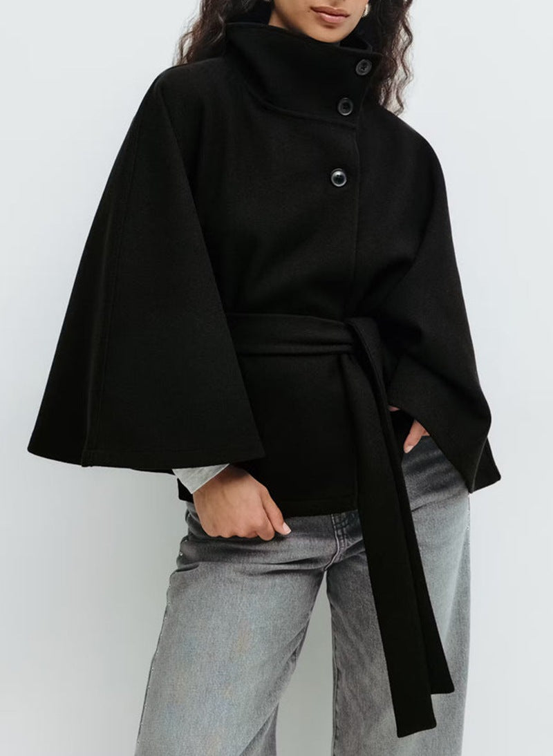 Women's high neck batwing trench coat with belt