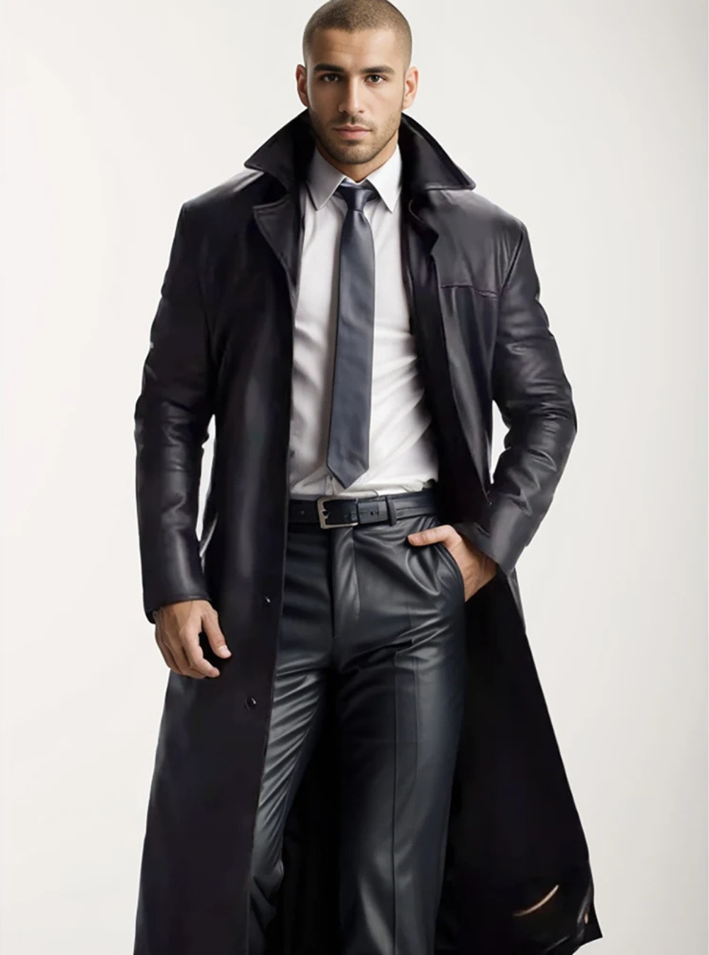 Long leather coat for men with notch lapel
