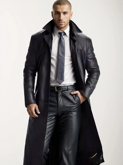 Long leather coat for men with notch lapel