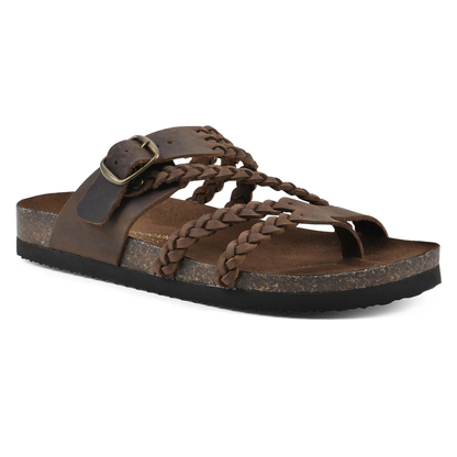 Women's braided buckle cork flat sandals - khaki