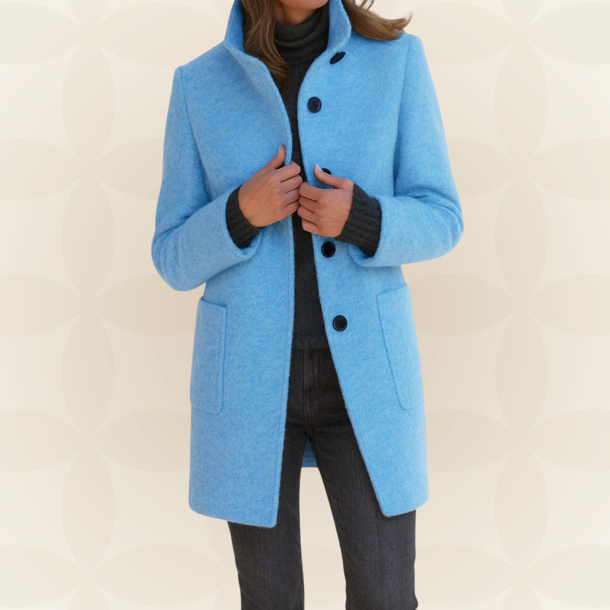 Woman wearing a straight coat with high collar and buttons
