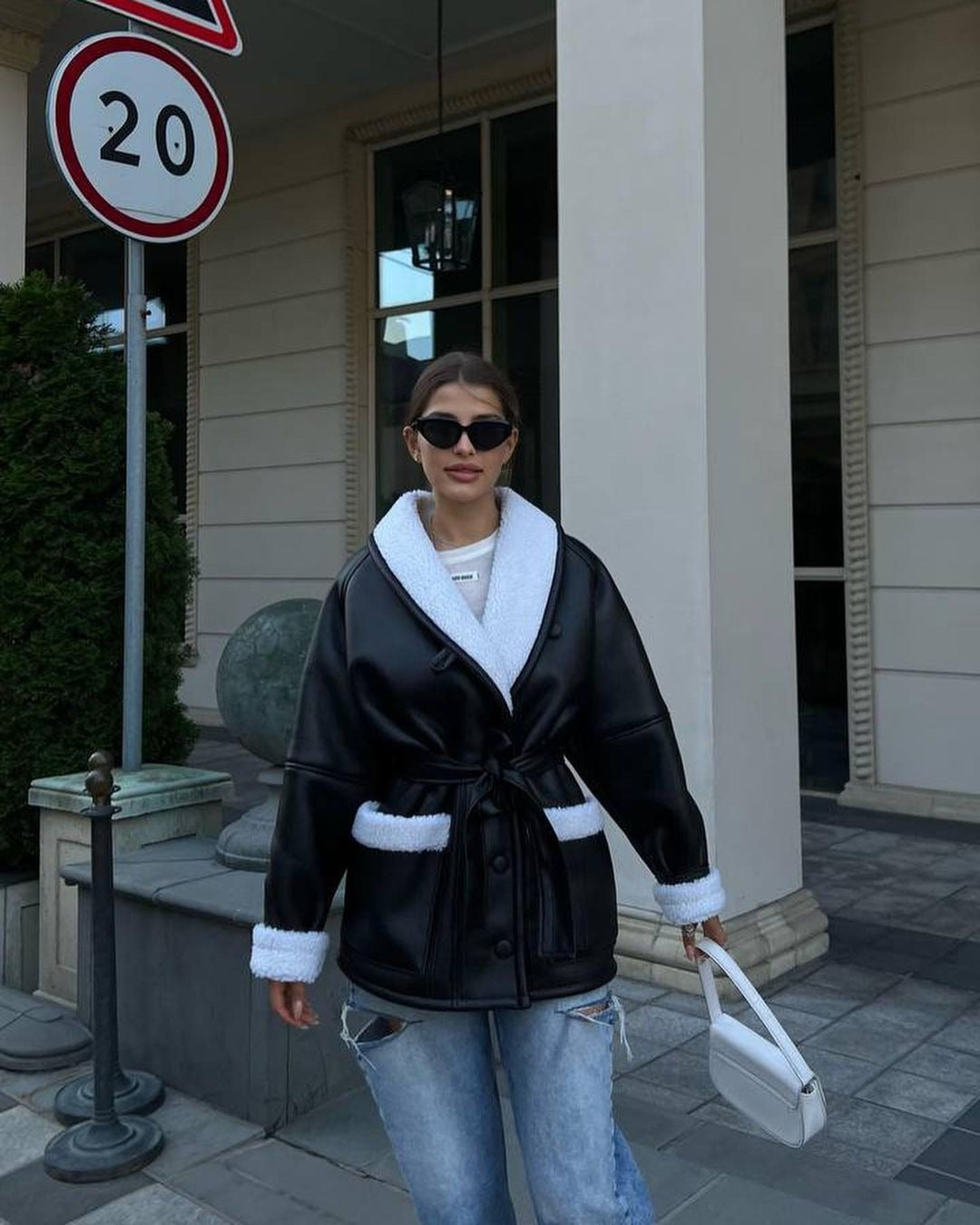 Women's loose faux leather long sleeve coat with pockets