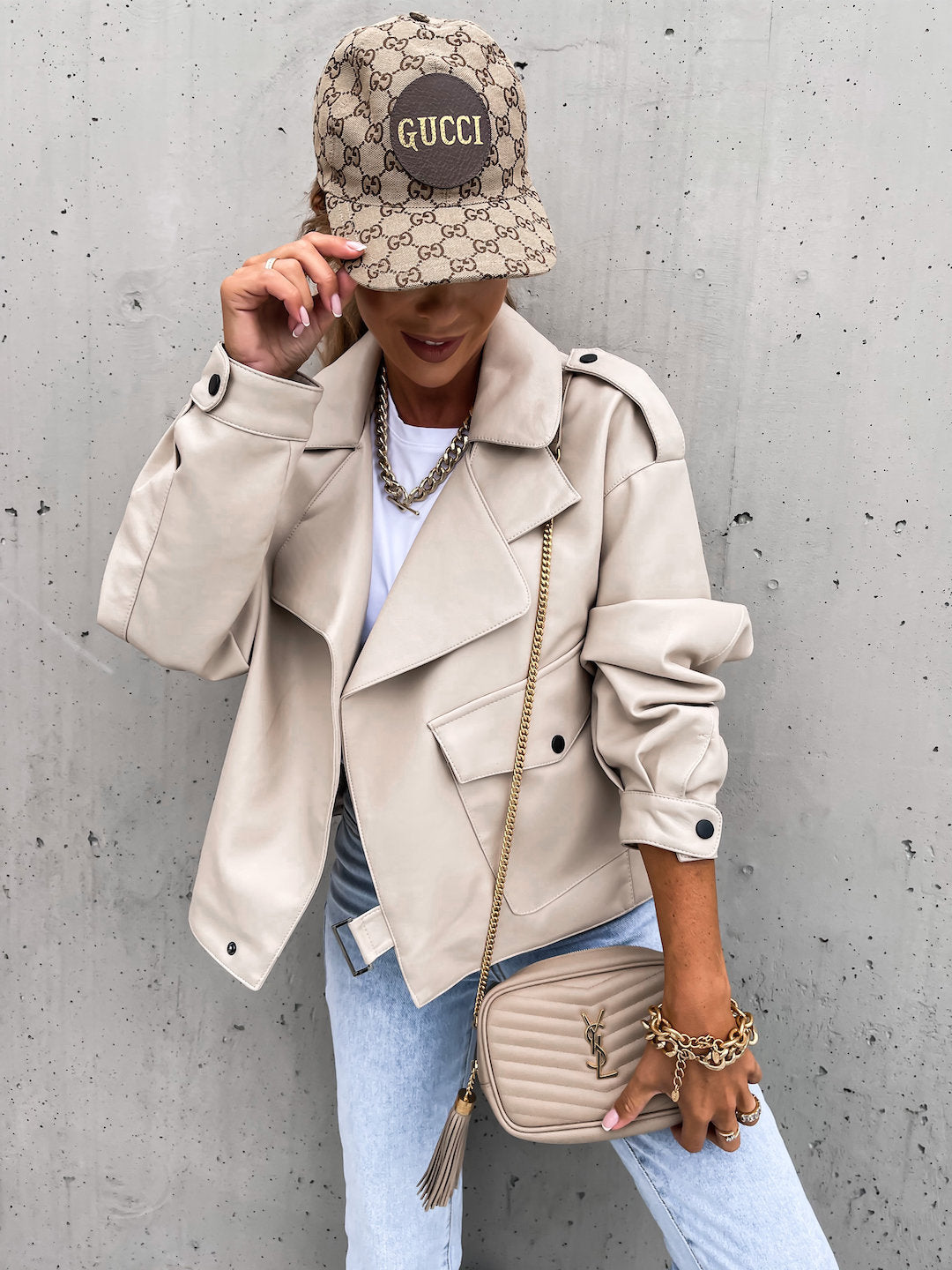 Women's loose lapel PU leather jacket front view