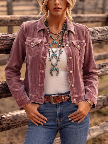 Woman wearing vintage wash button front jacket