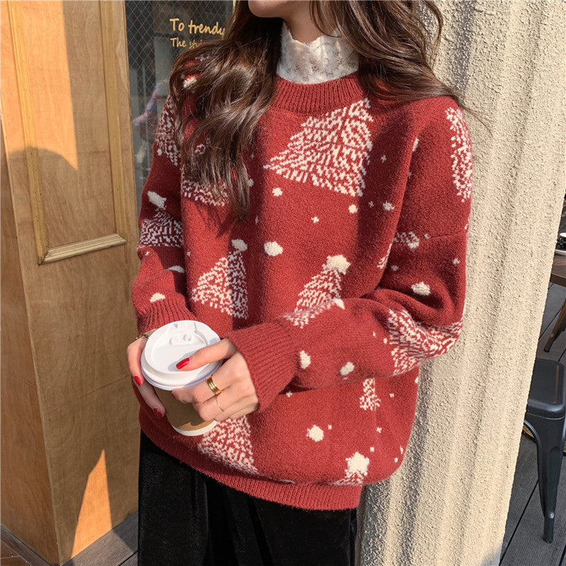 Women's Christmas tree jacquard sweater in wine red
