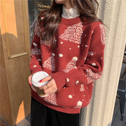 Women's Christmas tree jacquard sweater in wine red