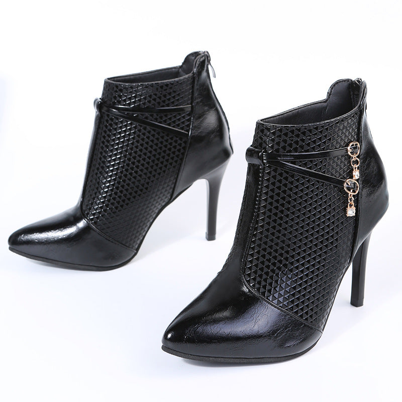 Black pointed toe stiletto ankle boots for women