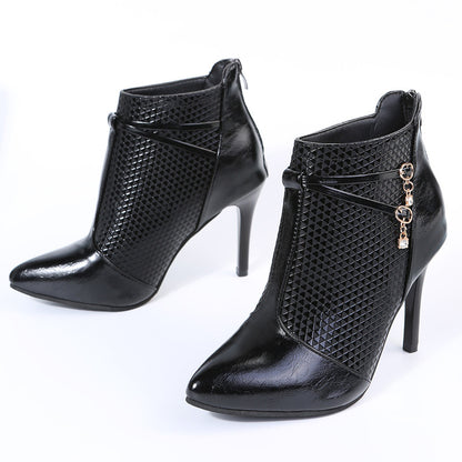 Black pointed toe stiletto ankle boots for women