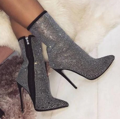 Women's suede pointed toe stiletto heeled boots with side zipper