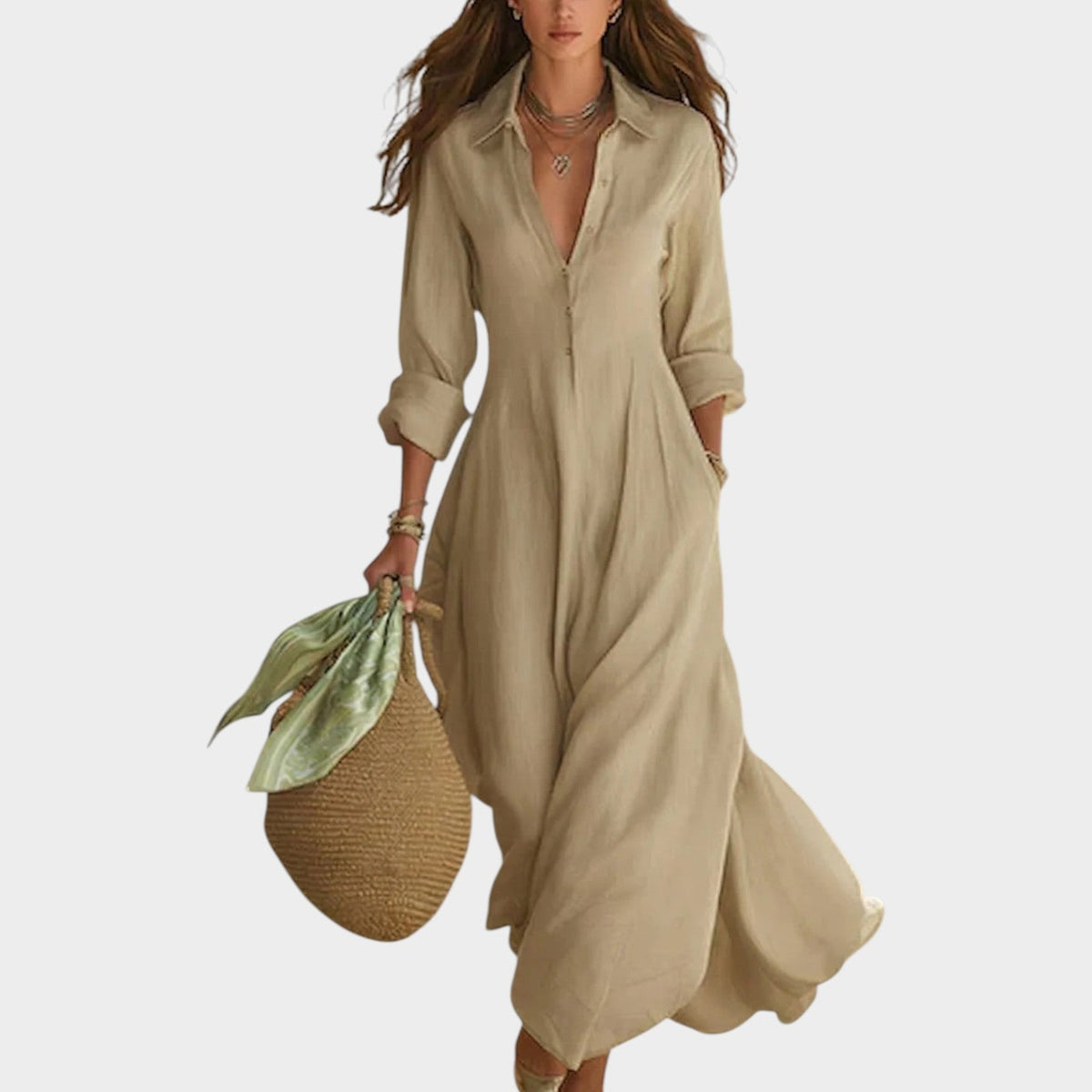 Woman wearing button front maxi dress with long sleeves