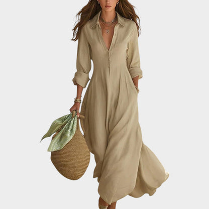Woman wearing button front maxi dress with long sleeves