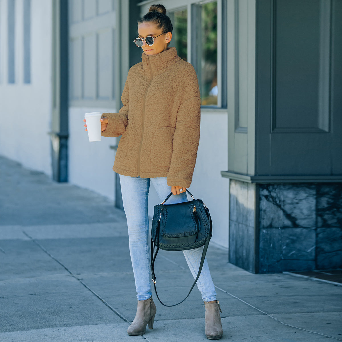 Women's plush basic jacket in army green, khaki and apricot