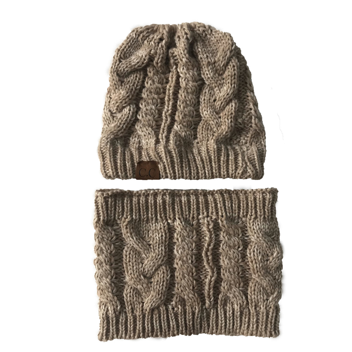 Women's knit hat and scarf set in neutral colors
