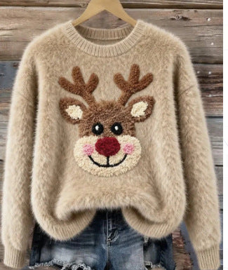 Women's Christmas sweater with cartoon Santa print and lantern sleeves