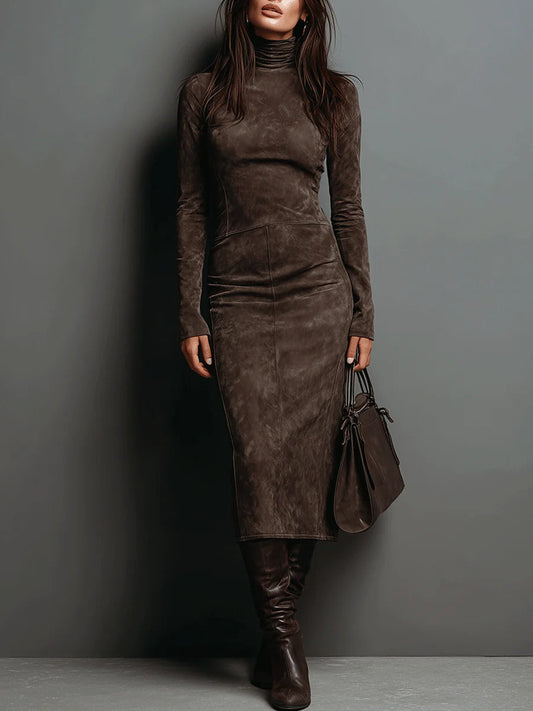 Woman wearing fitted midi dress with polo neck