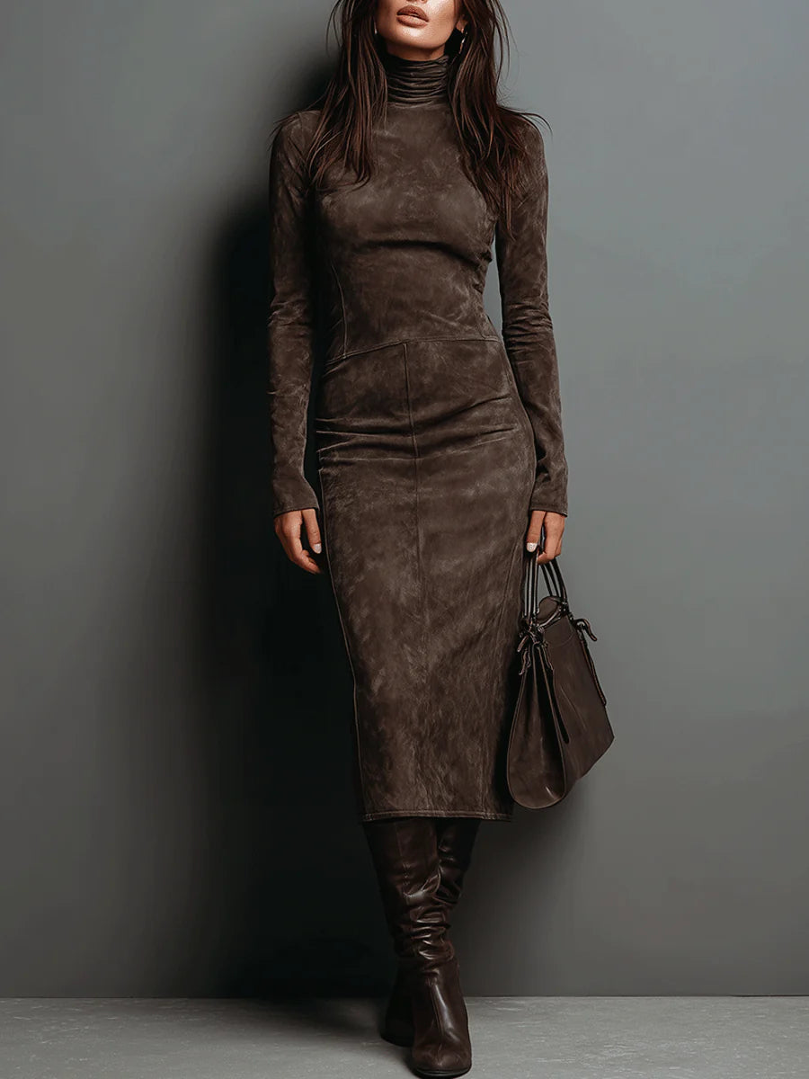 Woman wearing bodycon turtleneck midi dress with long sleeves