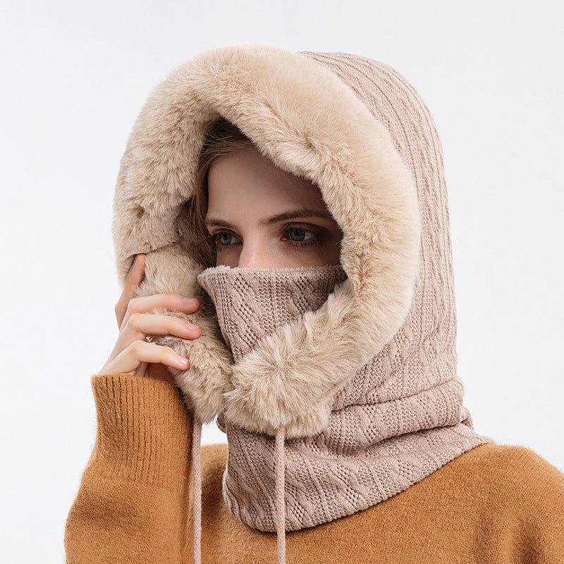 Women's hooded winter knit hat with scarf