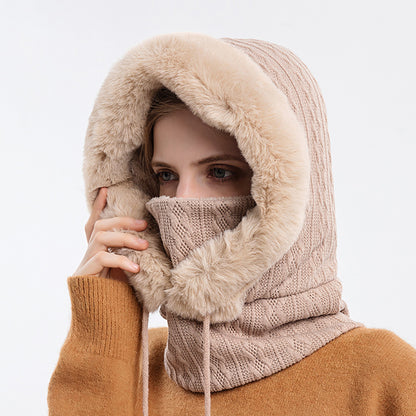 Women's hooded winter knit hat with scarf