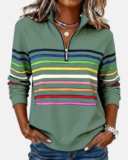 Women's rainbow striped half zip sweatshirt with stand-up collar