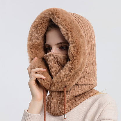Women's hooded winter knit hat with scarf