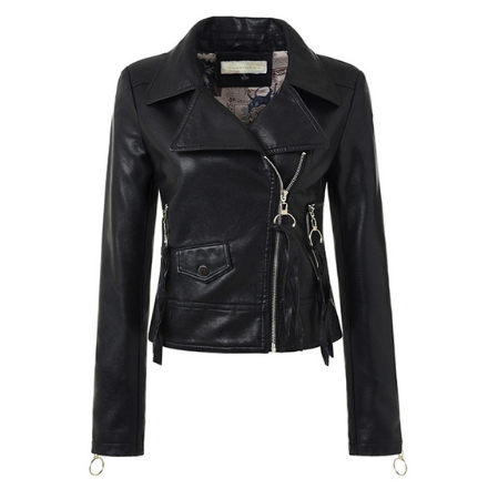 Black women's motorcycle jacket with biker-inspired silhouette