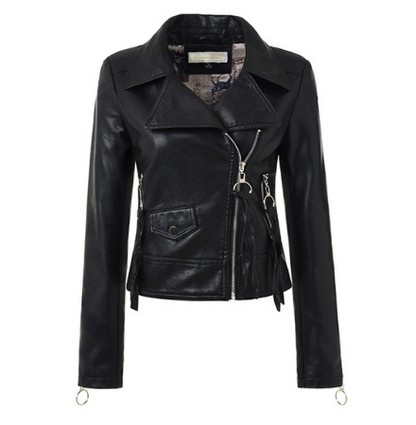 Black women's motorcycle jacket with biker-inspired silhouette