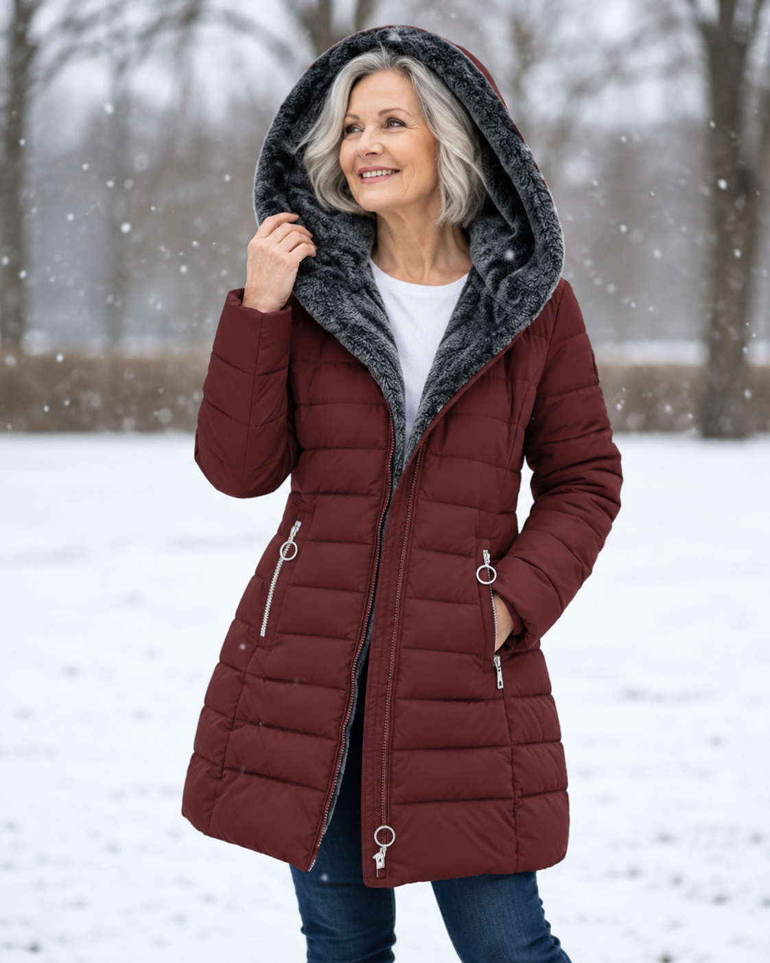 Woman wearing quilted winter coat with hood outdoors
