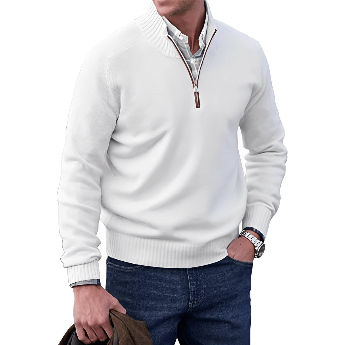 Quarter-zip knitted sweater for men - white