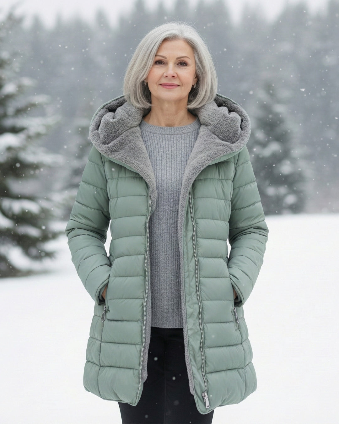 Woman wearing dark green fleece-lined A-line puffer coat