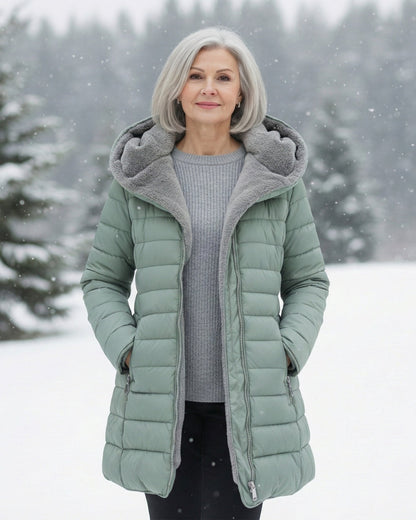 Woman wearing dark green fleece-lined A-line puffer coat