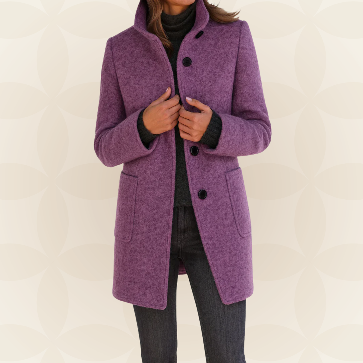 Woman wearing a straight coat with high collar and buttons