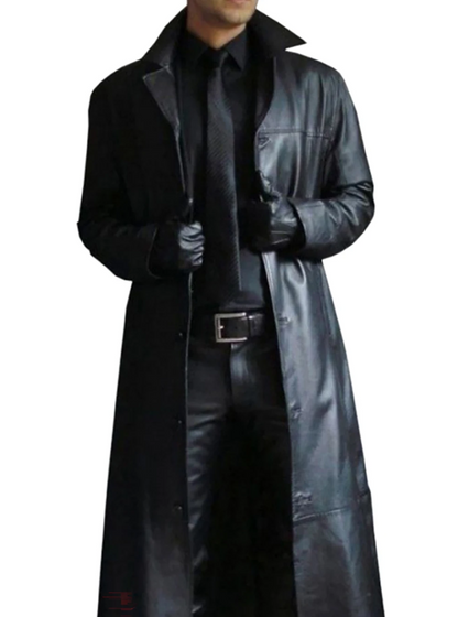 Long leather coat for men with notch lapel - black