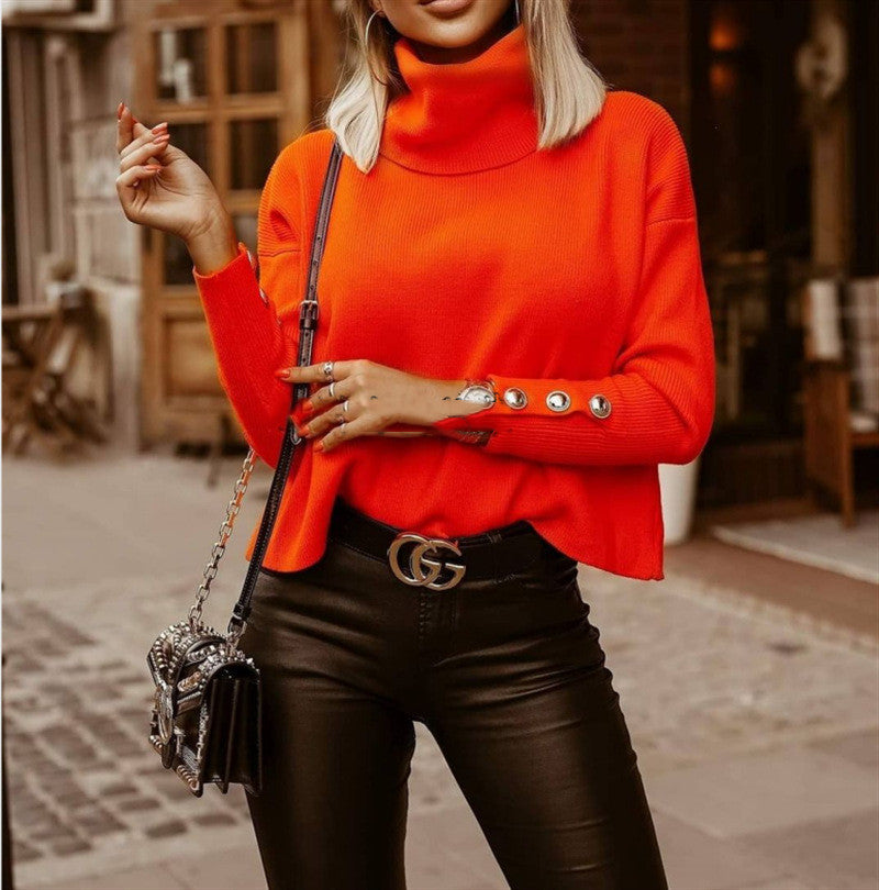 Women's solid color turtleneck sweater with loose fit