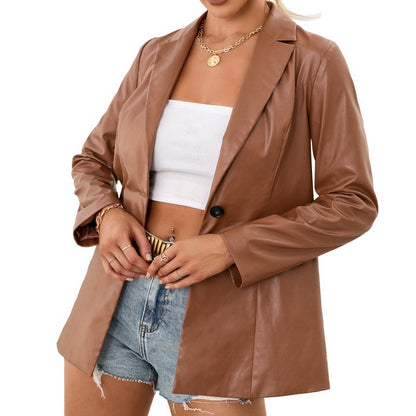 Woman wearing brown PU leather moto jacket blazer