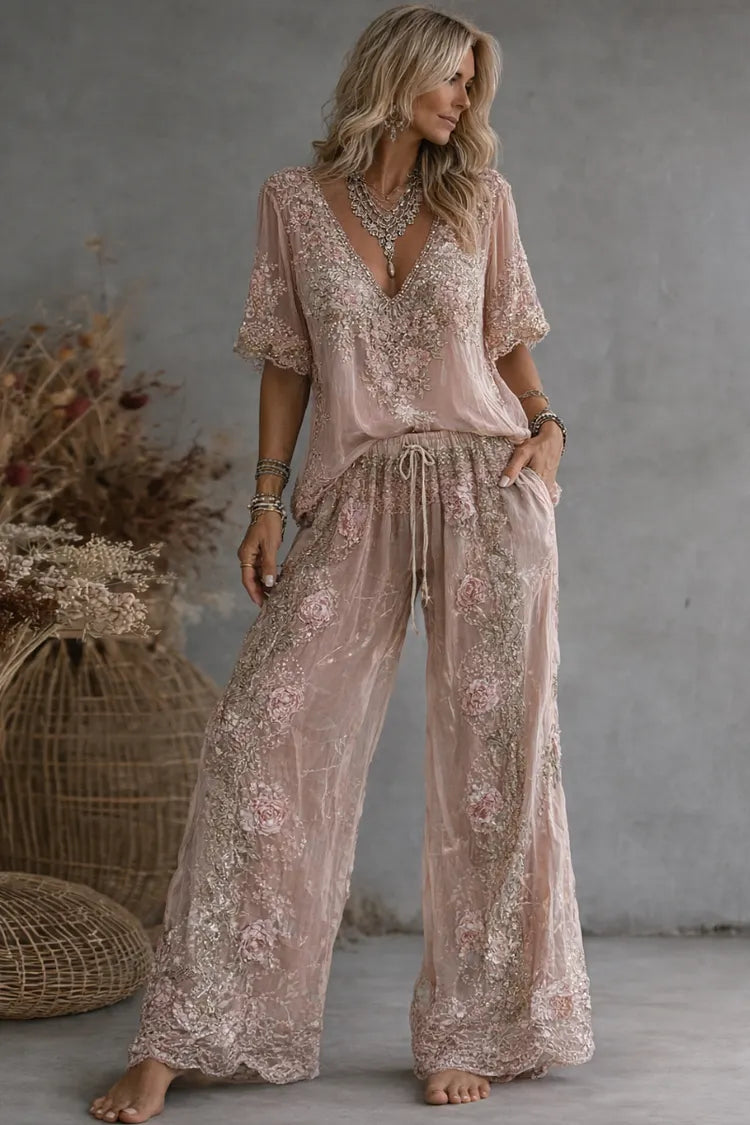 Floral embroidered two piece set with V-neck top