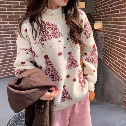 Women's Christmas tree jacquard sweater in wine red