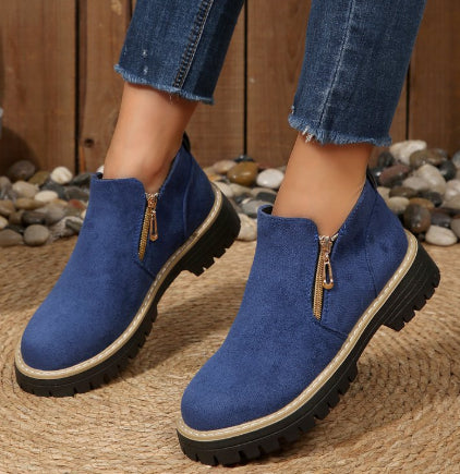 Women's chunky heel suede ankle boots with side zipper
