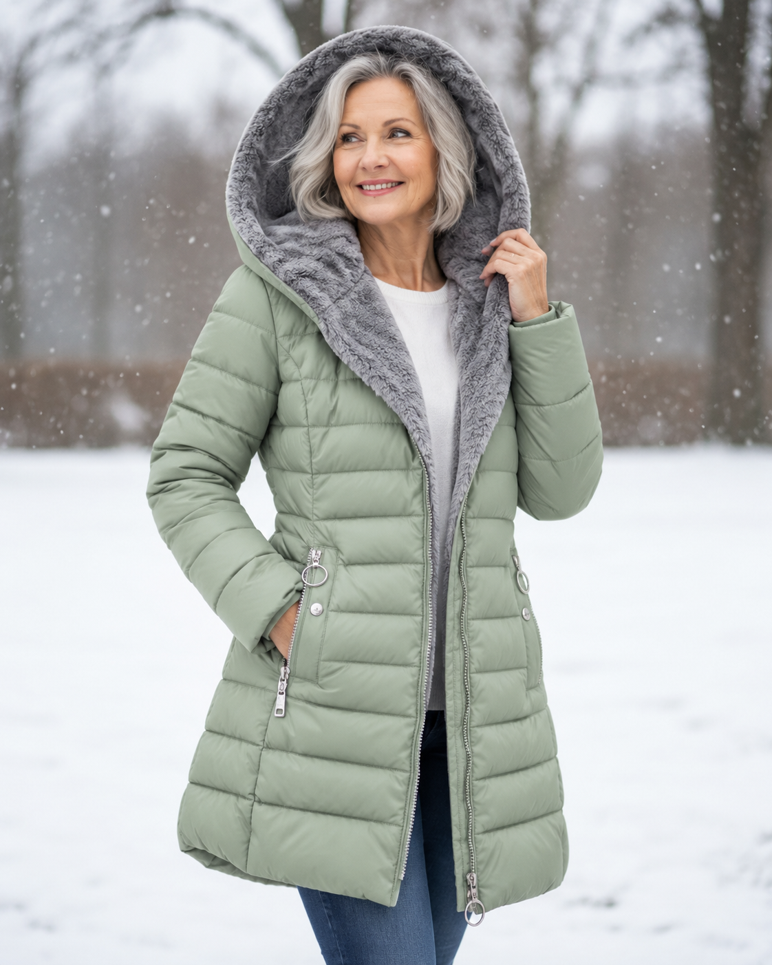Woman wearing quilted winter coat with hood outdoors