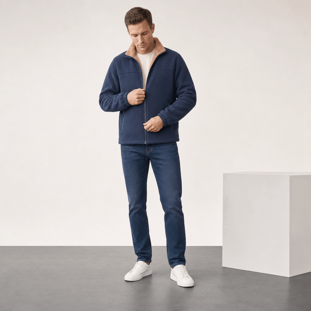 Men's sherpa lined fleece jacket with stand collar