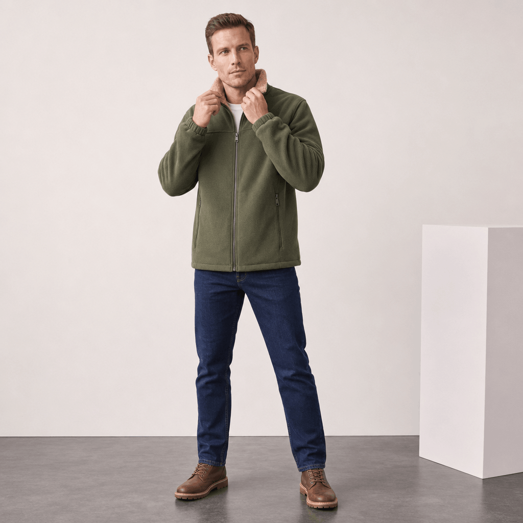 Men's sherpa lined fleece jacket with stand collar