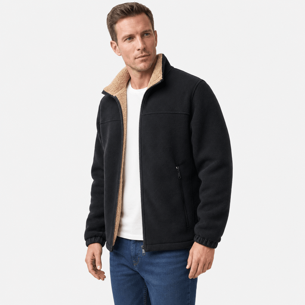 Men's sherpa lined fleece jacket with stand collar - black