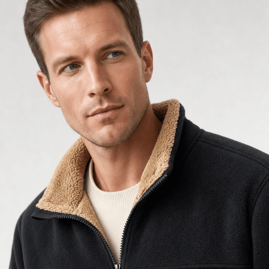 Men's sherpa lined fleece jacket with stand collar