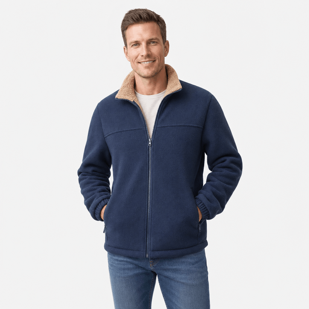 Men's sherpa lined fleece jacket with stand collar - blue