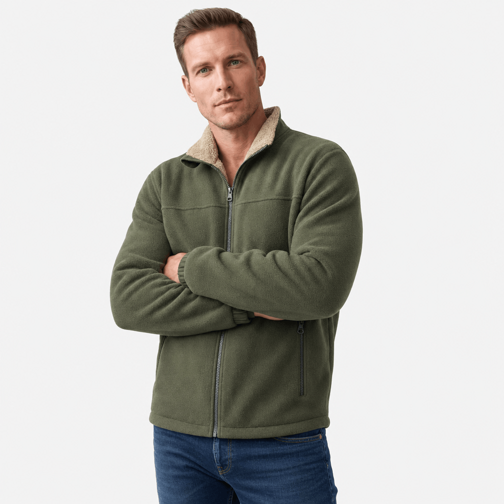 Men's sherpa lined fleece jacket with stand collar - army green
