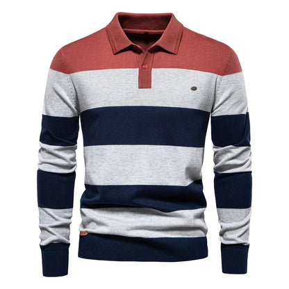 Men's striped long sleeve knit polo sweater - red