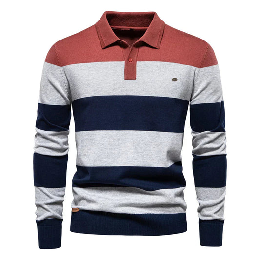 Men's striped long sleeve knit polo sweater - red